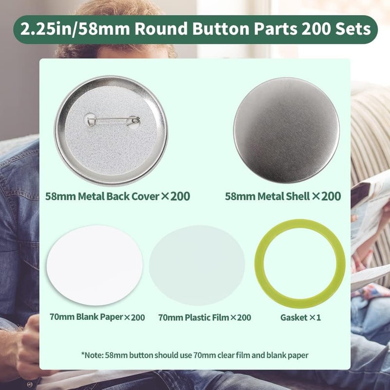 Mostme 200 Sets 2.25 inch Button Maker Supplies, 58mm Button Supplies Parts Badge Part, Buttons Making Supplies, Includes Metal Pin Back Cover, Metal Shells, Blank Paper&Clear Film - Image 2
